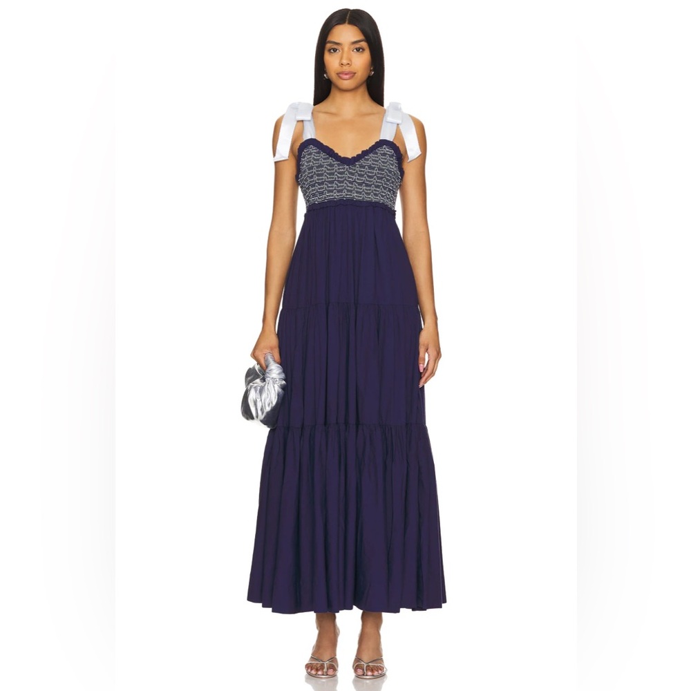 Free People Navy Maxi Dress with baby blue ribbons.